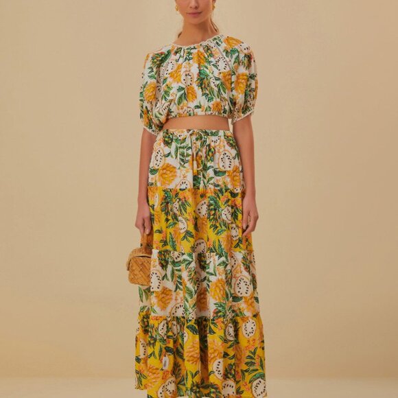 NWT FARM Rio Off-White Biriba Cropped Top Yellow Green Floral Puff Sleeve Blouse - Picture 3 of 12